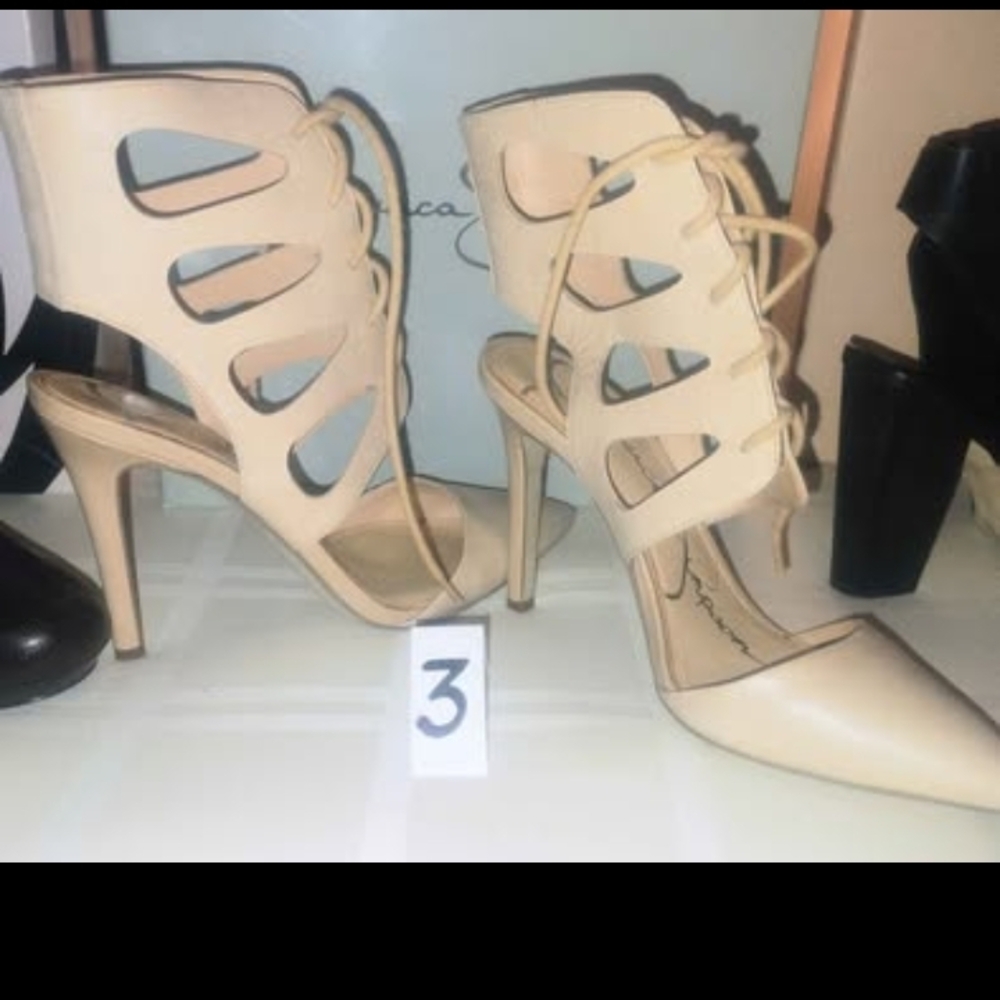 EUC Jessica Simpson Nude Lace-Up Cutout High Heel Stilettos Zip Back Booties